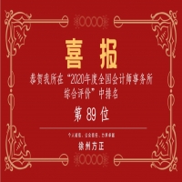 全國會計師事務(wù)所綜合評價排名公布，我公司位列89名！